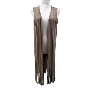 Boho Suede Fringe Duster Vest Long Cardigan Taupe Festival Western Large Beige
